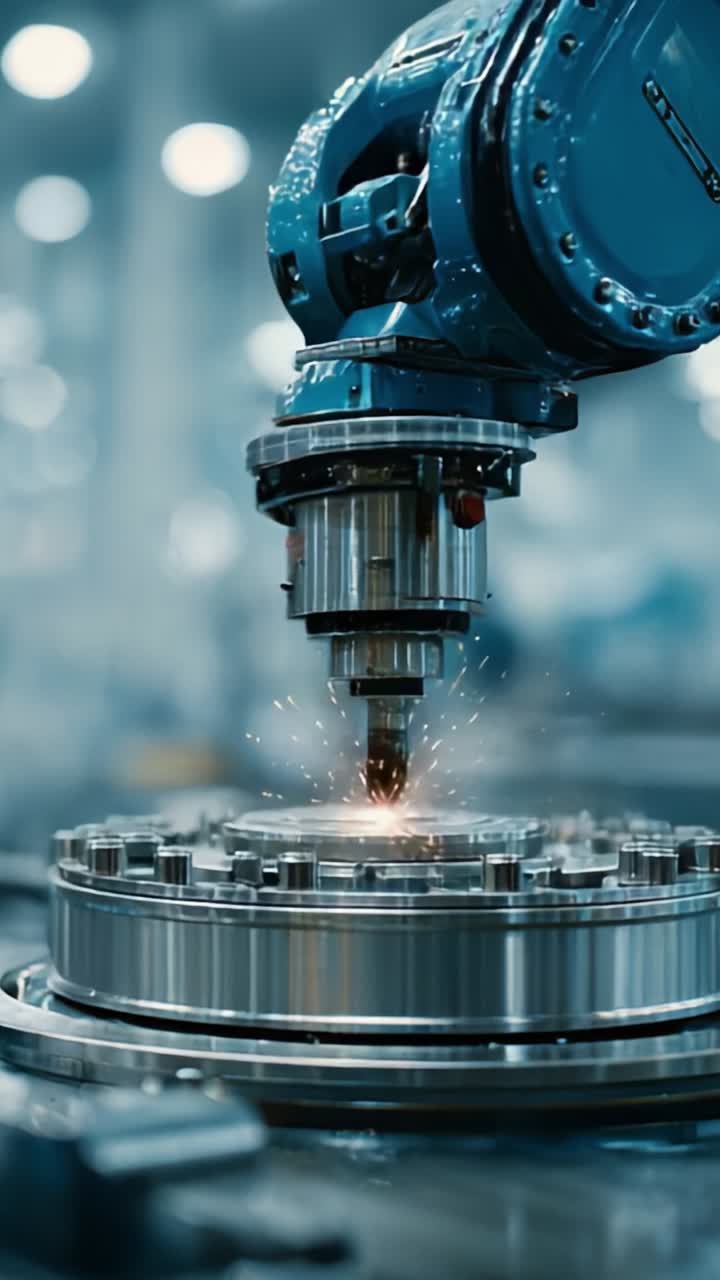 Precision Machining in Action: A Robotic Arm Engaging in Advanced Manufacturing with High-Temperature Sparks and Intricate Component Design in a Modern Workshop Environment