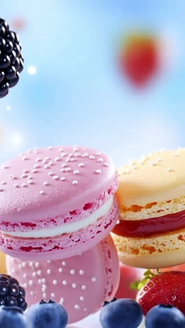 berries and colorful macarons. colorful macarons surrounded by fresh strawberries, blackberries, and blueberries on a blurred background.