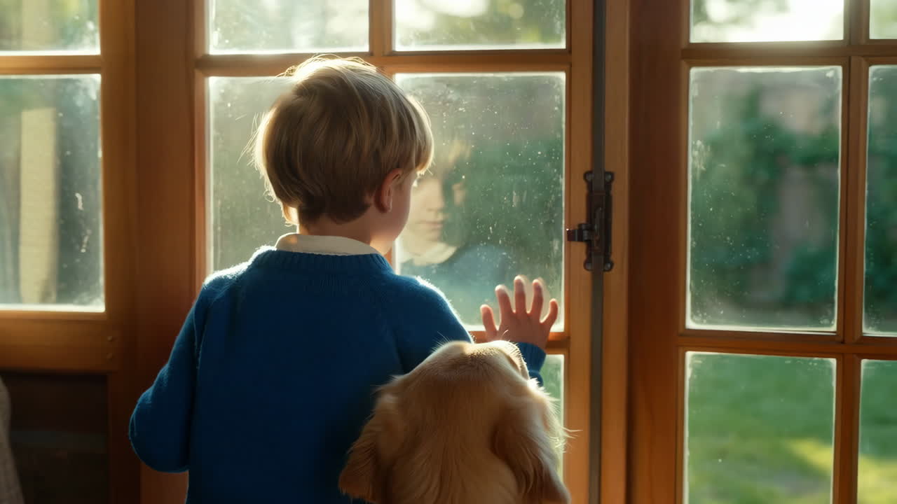 A young child and a golden retriever look out a sunny window