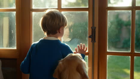 a young child and a golden retriever look out a sunny window