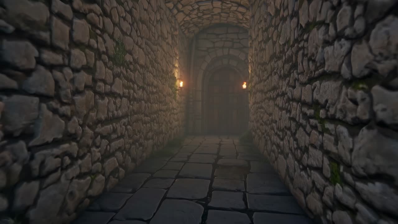 Torches casting flickering light along a medieval stone corridor, leading toward a mysterious wooden door, evoke an atmosphere filled with suspense and intrigue