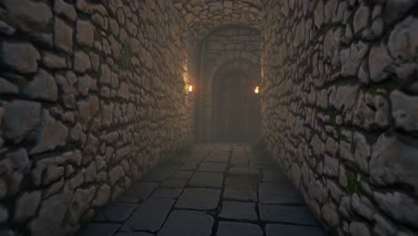 torches casting flickering light along a medieval stone corridor, leading toward a mysterious wooden door, evoke an atmosphere filled with suspense and intrigue