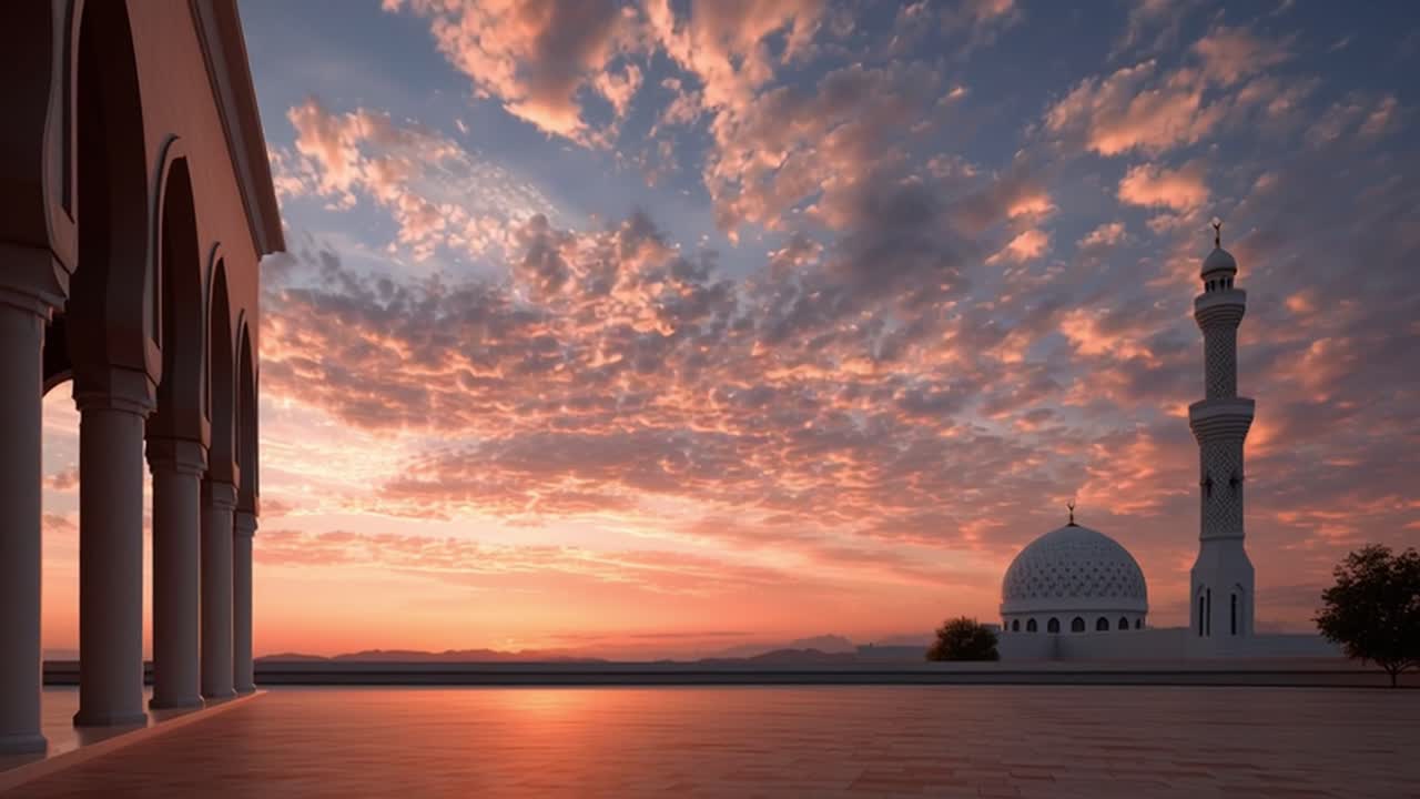 Time-lapse di nuvole sopra una Grande Moschea al tramonto.