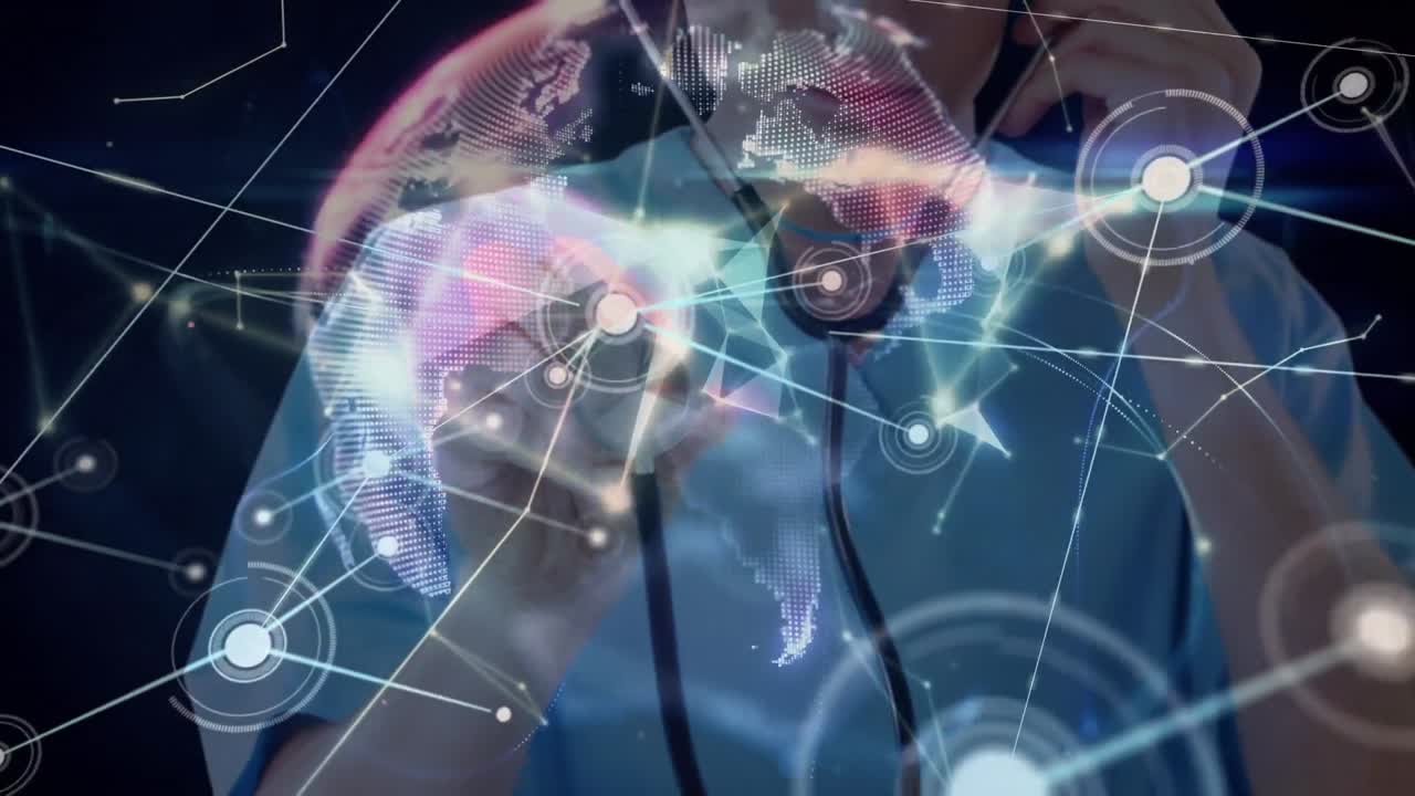 animación de la red de conexiones y el mundo sobre la doctora caucásica