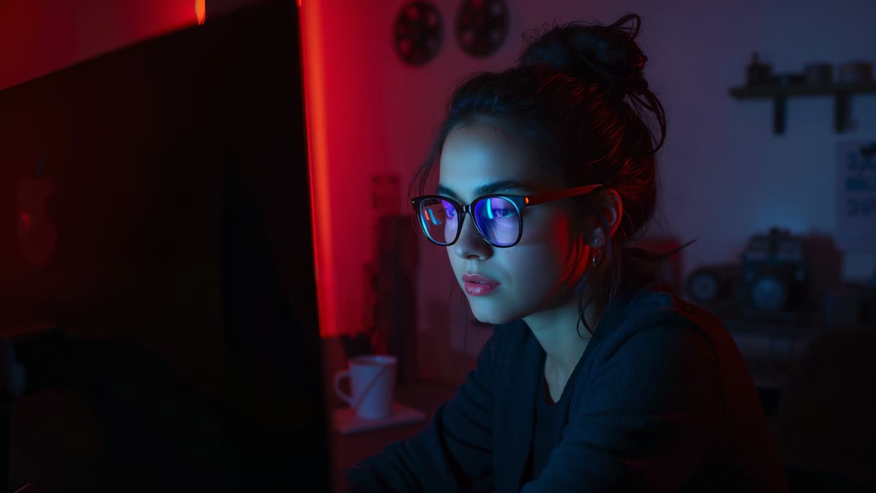 Gazing Asian woman studying screen at office, blue monitor glow drawing focus, glasses, copy space