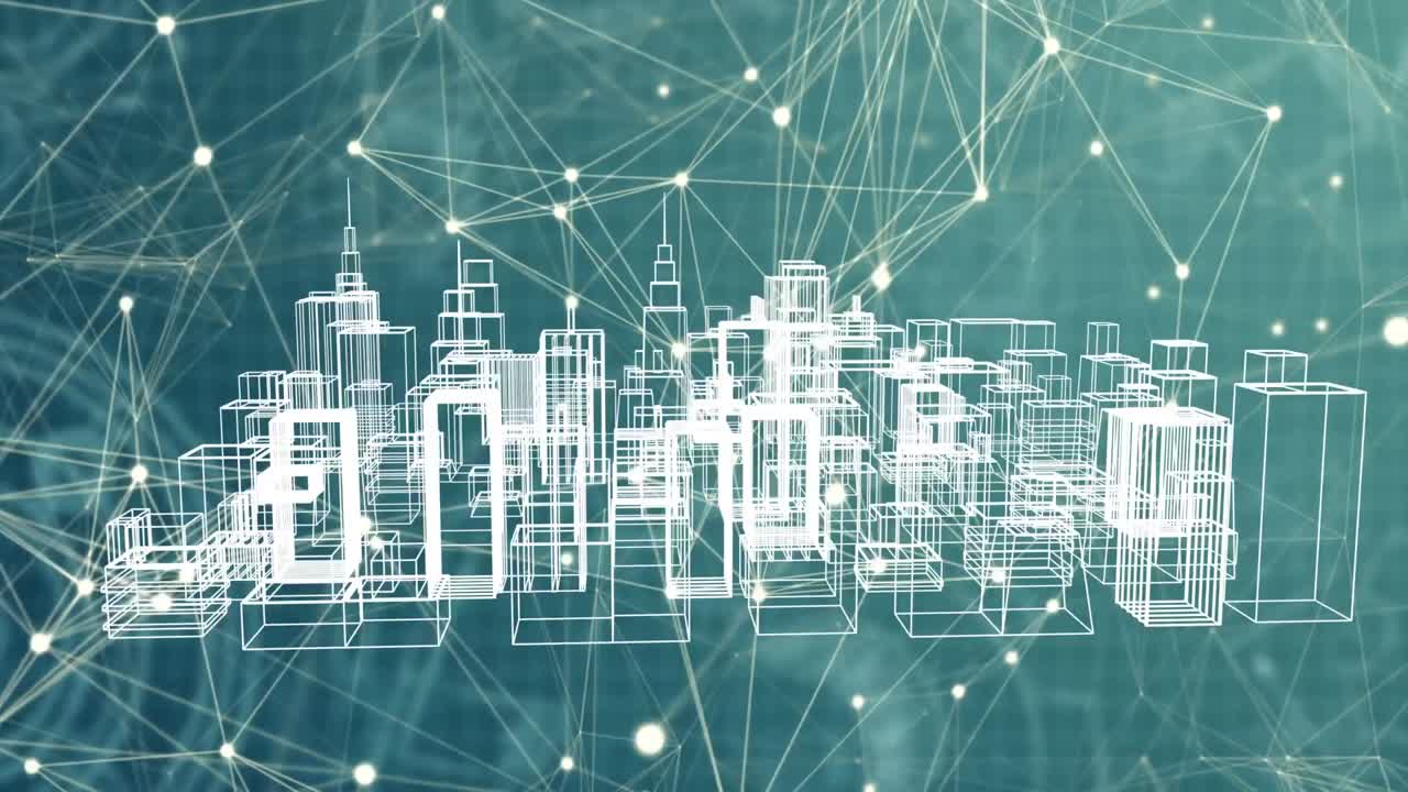 animación de la red de conexiones sobre el dibujo del paisaje urbano en 3d