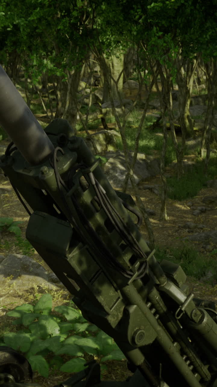 Long gun hidden beneath fallen leaves and scattered debris in woods