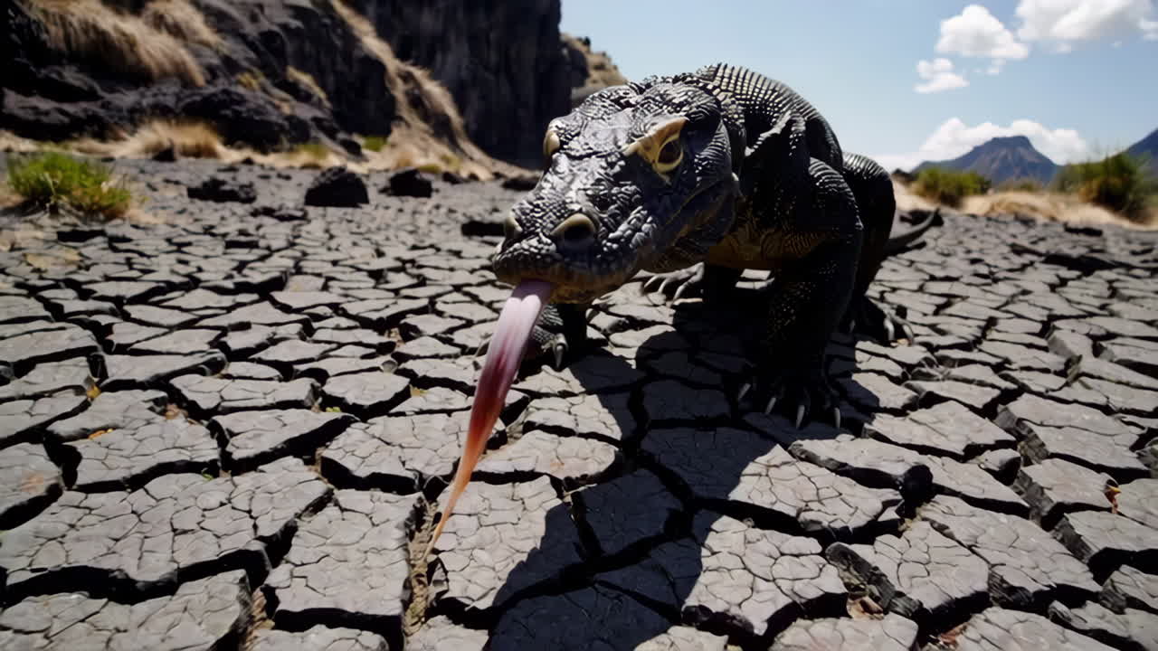 Komodo Dragon in Volcanic Landscape