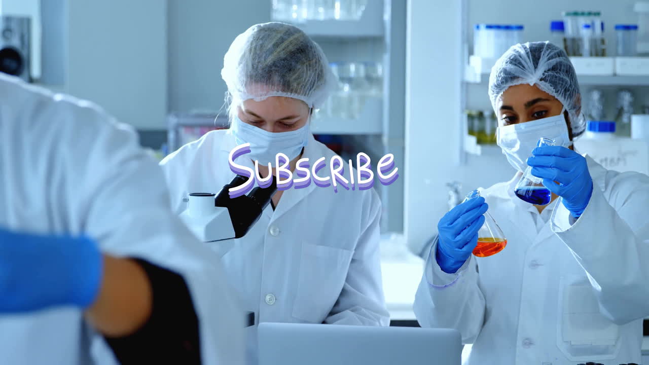 Scientists in lab coats working with Subscribe text animation over them