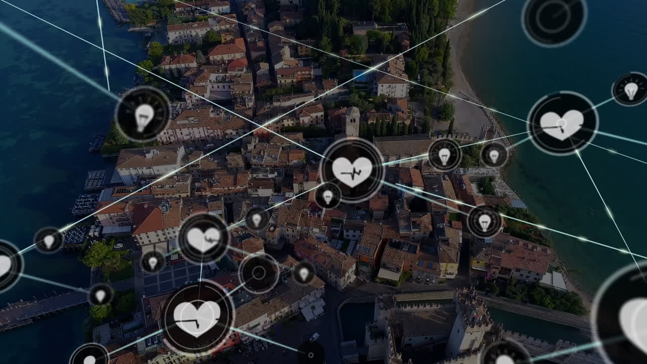 animación de la red de conexiones con iconos de corazón sobre el paisaje urbano