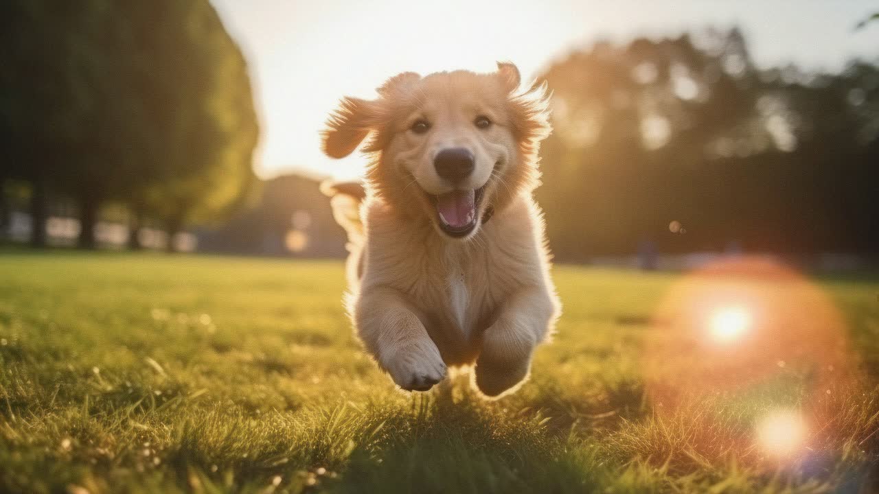 A joyful puppy running through a sunlit park, capturing the essence of freedom and happiness
