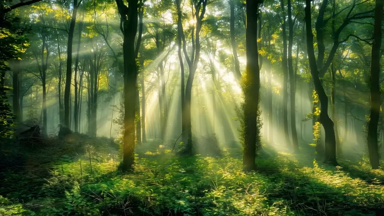 Sunlight filters through lush forest trees, creating a serene, mystical atmosphere