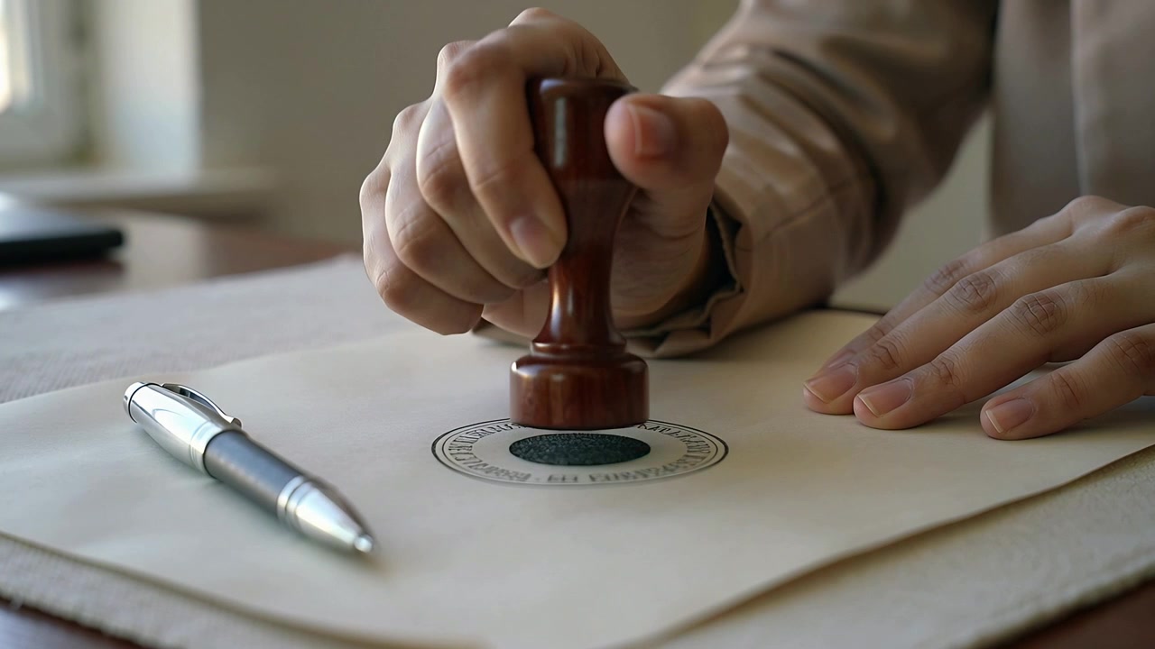 Alinhando punho bege, mão pressionando carimbo redondo de madeira em mesa de escritório, selando documento para aprovação