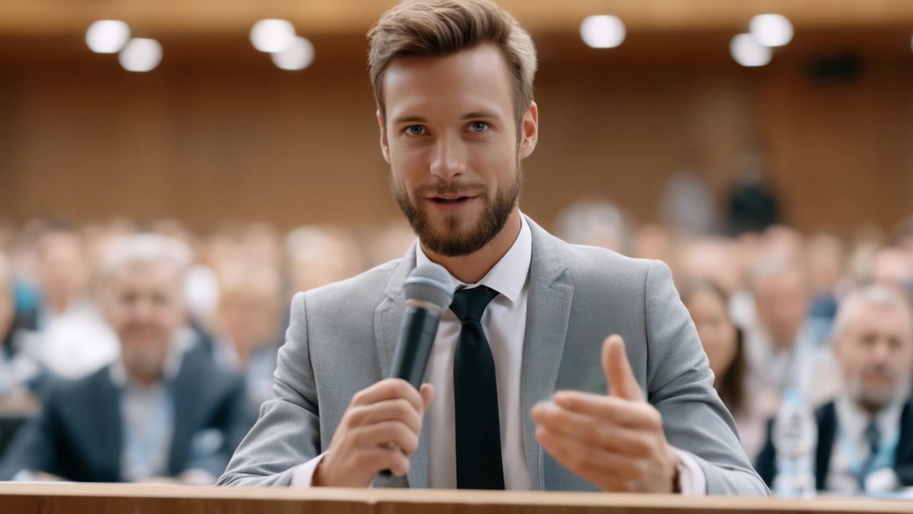 Un oratore sicuro che coinvolge il pubblico con carisma e professionalità, mettendo in mostra efficaci capacità comunicative e di leadership in un contesto dinamico.