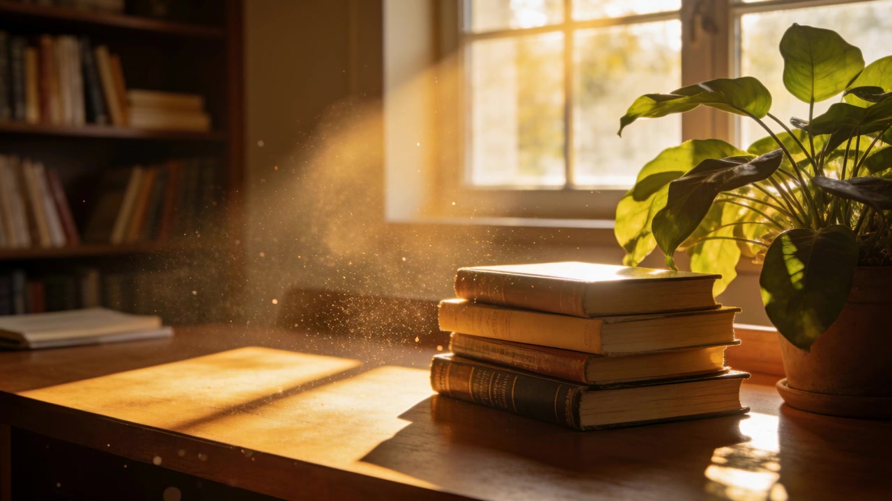 Streaming sunlight lifting dust motes while highlighting four-book stack and potted plant on desk