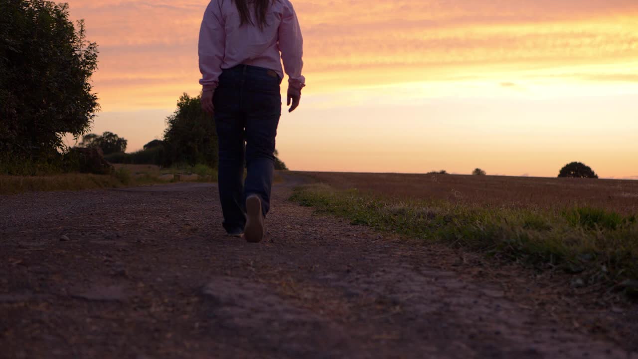Woman walking into sunset on dusty dry road medium shot