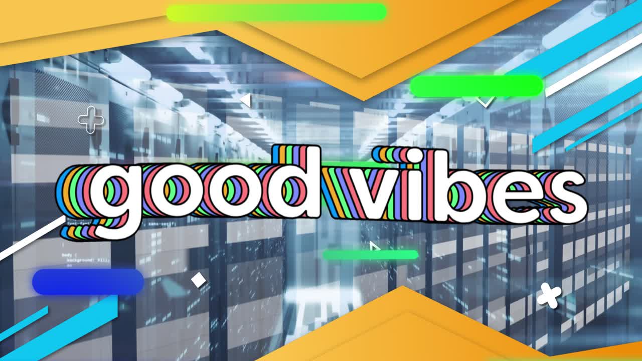 Animation of good vibes text in white with colourful shapes over computer server room