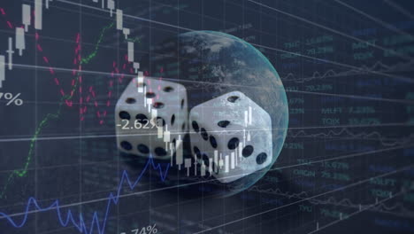 animación de estadísticas con procesamiento de datos sobre dos dados blancos y giro del globo