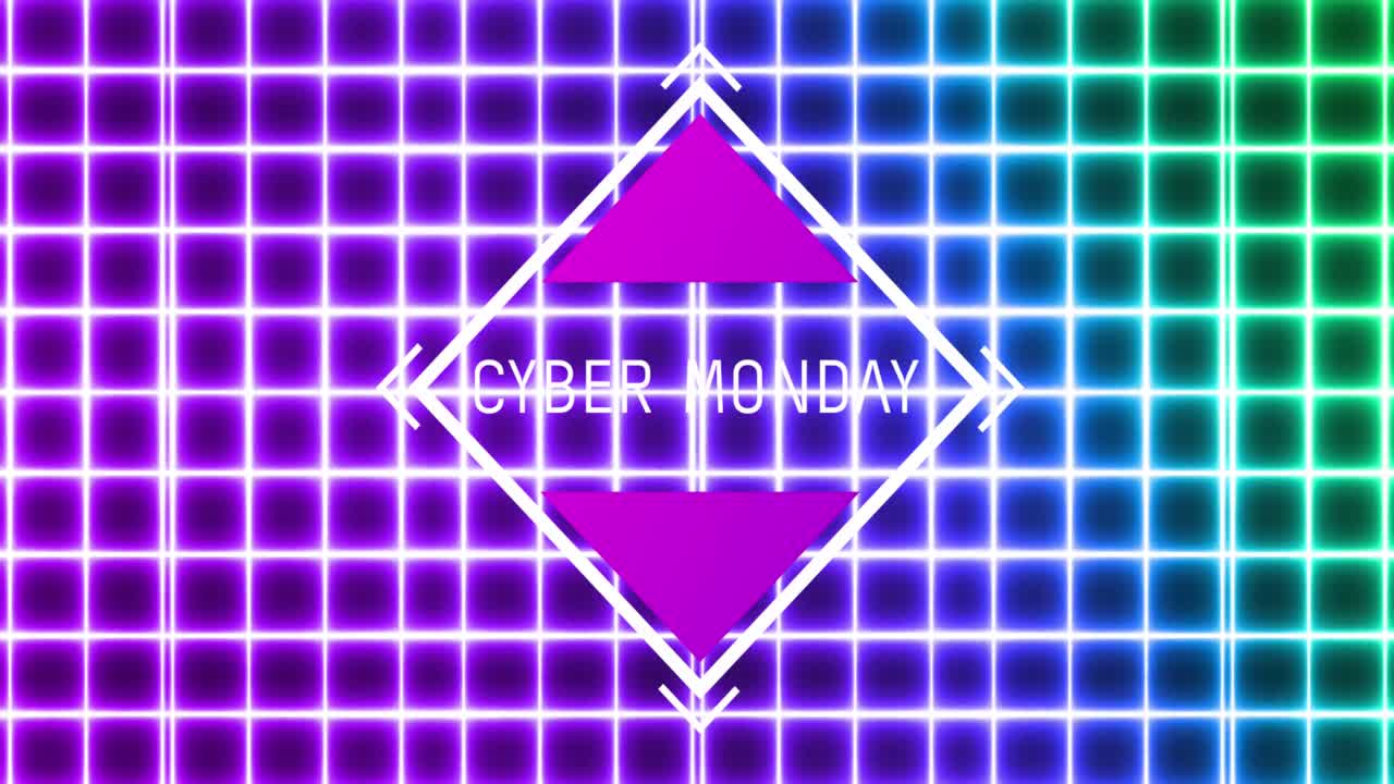 animación del texto de cyber monday en letras blancas sobre una rejilla brillante de neón