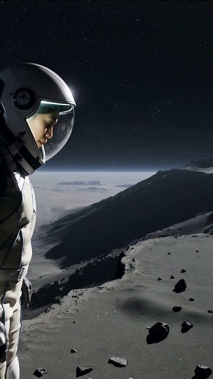 Vertical video: Entering woman astronaut walking to crater rim in suit with helmet light