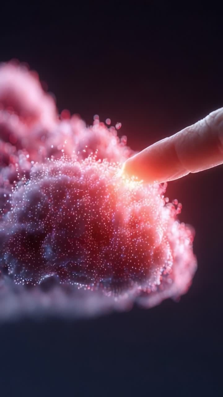 Une interaction fascinante entre la créativité et la technologie, symbolisant la touche humaine embrassant un nuage d’imagination illuminé de particules vibrantes