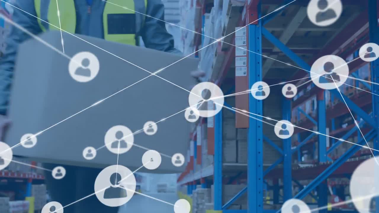 animación de la red de conexiones con iconos sobre el hombre que trabaja en el almacén