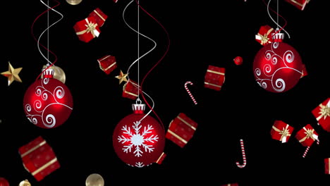 animación de bolas rojas, regalos de navidad y decoraciones