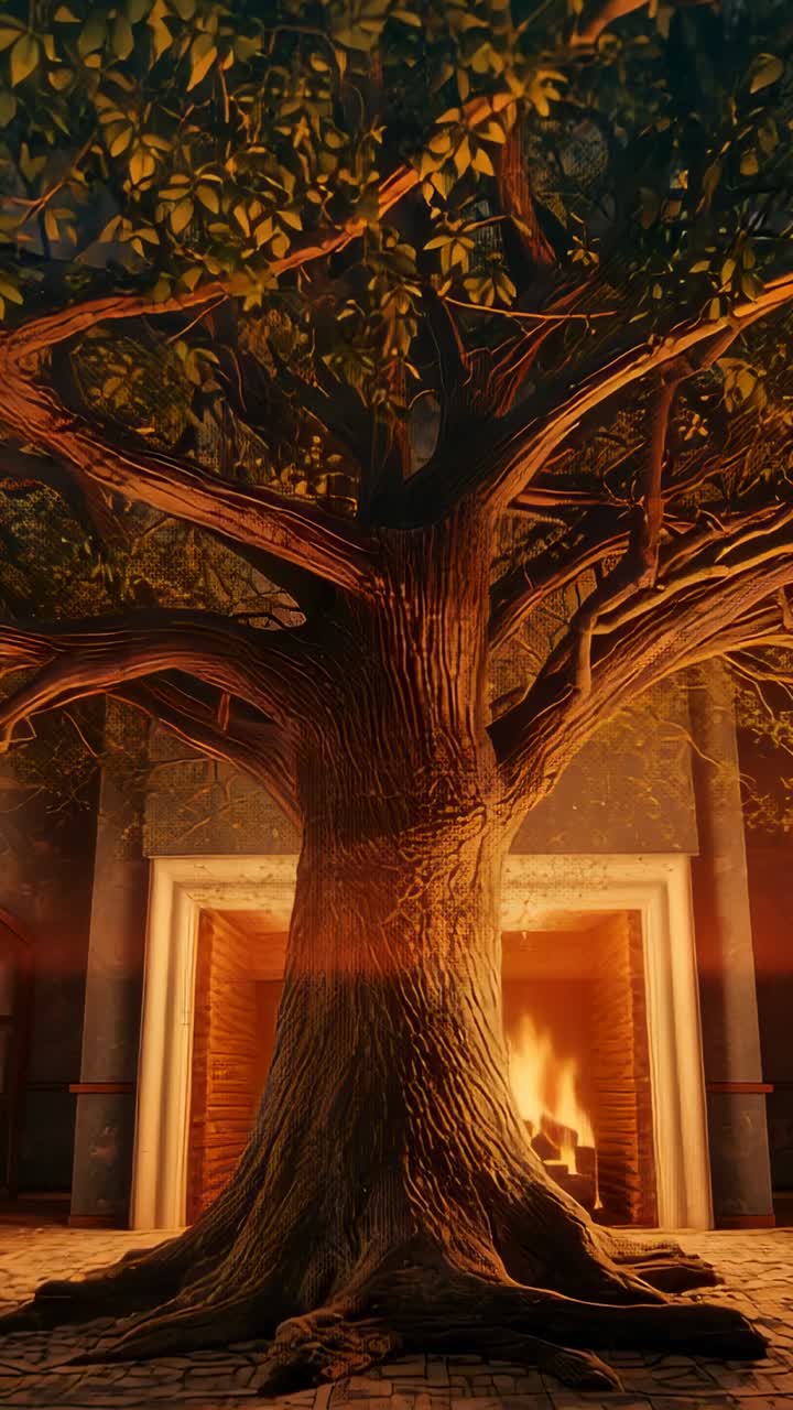 Vertical video: Opening shot showing logs burning in hearth, casting flickering light on tree trunk