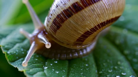 close-up of a snail on a green leaf with water droplets