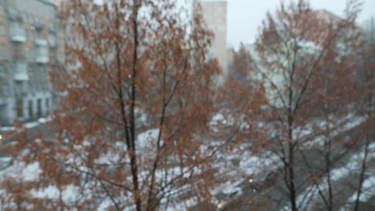 창문 에서 눈 인 도시 풍경