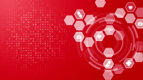 white hexagons medicine icons on abstract healthcare red background. circular elements on looped animation. copy space.