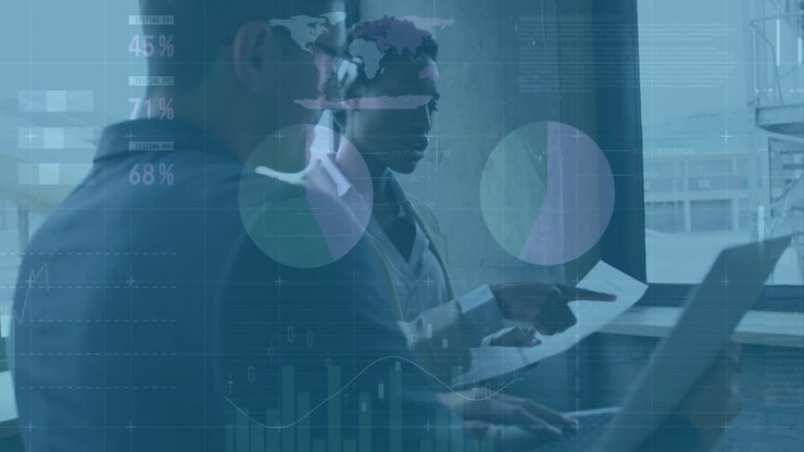 Analyzing documents, business professionals with data processing animation in office setting