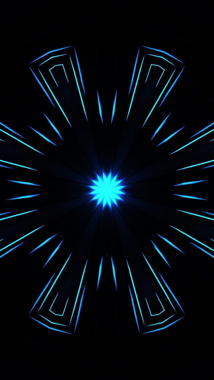Sfondo astratto blu con motivo a stelle al centro. Caleidoscopio VJ loop Verticale