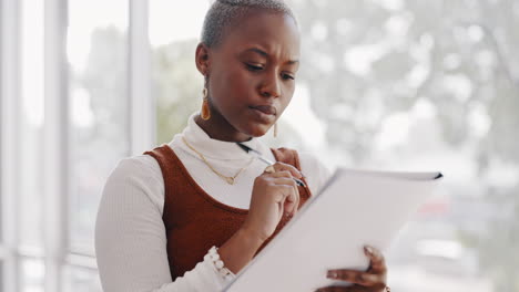 Business,-thinking-and-black-woman-writing