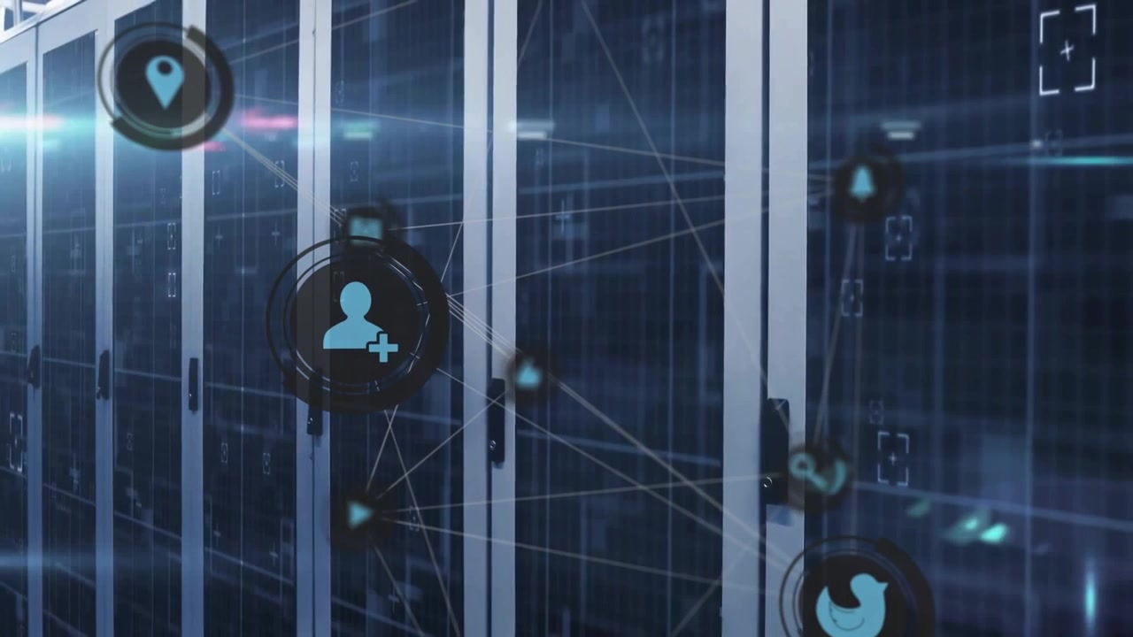 Animerede digitale netværksikoner der forbinder i et serverrum