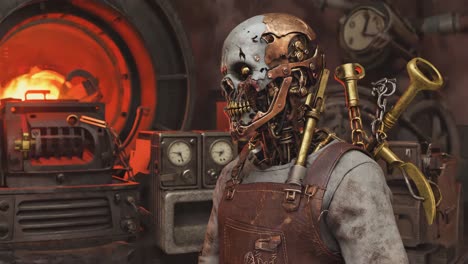 steampunk robotic skull in industrial setting