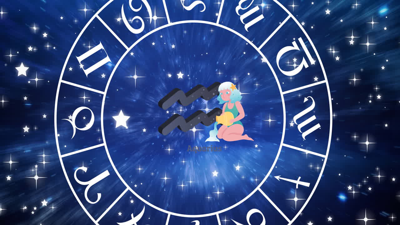 animación del signo estelar de acuario dentro de la rueda giratoria de los signos del zodiaco sobre las estrellas en el cielo azul