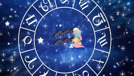 animation of aquarius star sign inside spinning wheel of zodiac signs over stars on blue sky