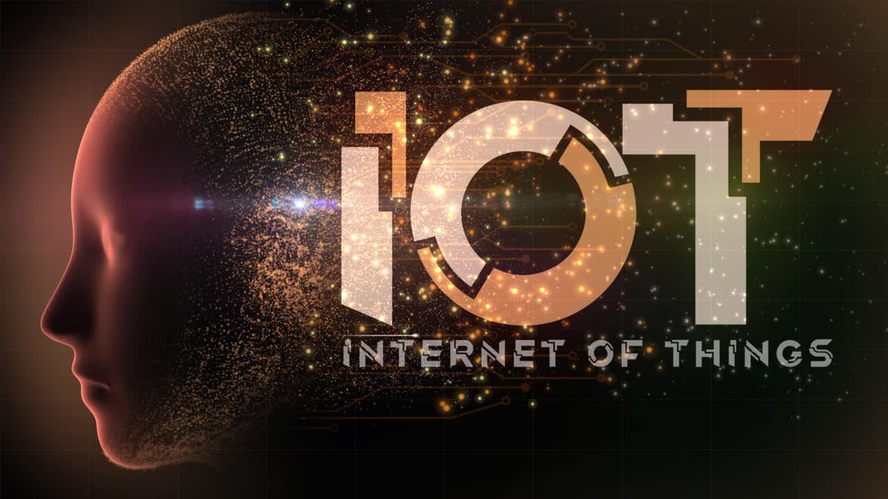 High quality animated graphical concept design depicting emerging Internet of Things technology with firing neurons in circuitry and flowing particles from AI Brain, in organge color scheme