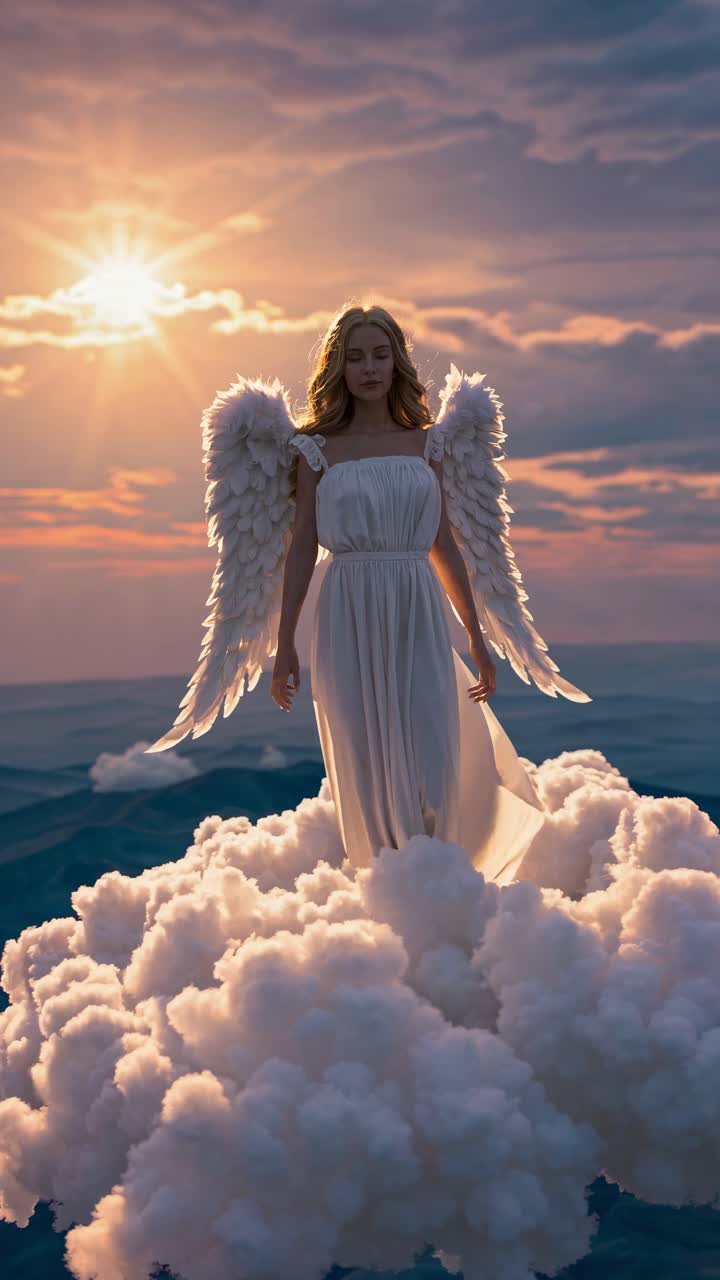 A serene angel in a white dress stands on clouds at sunset. The low-angle shot adds a divine aura