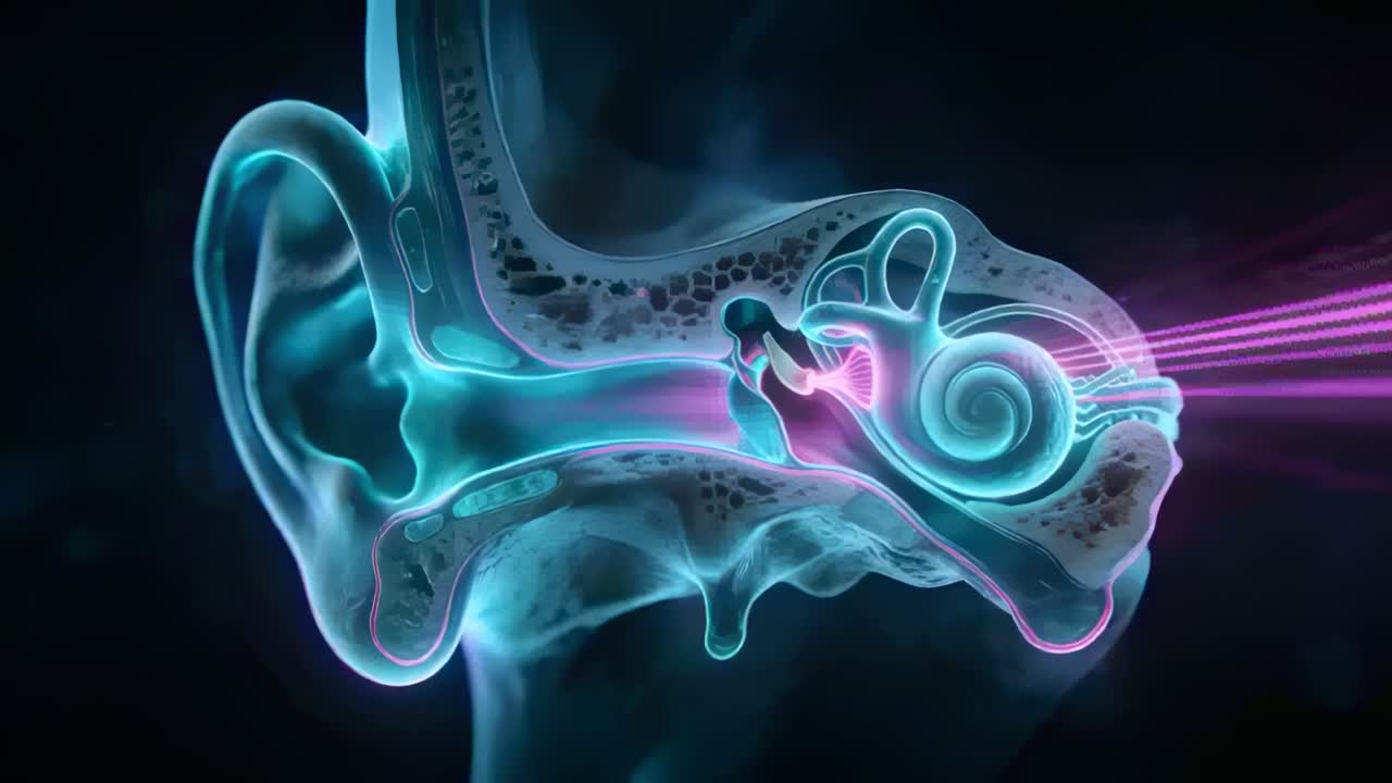 Entering magenta beam activating neon ear cochlea in dark void ...