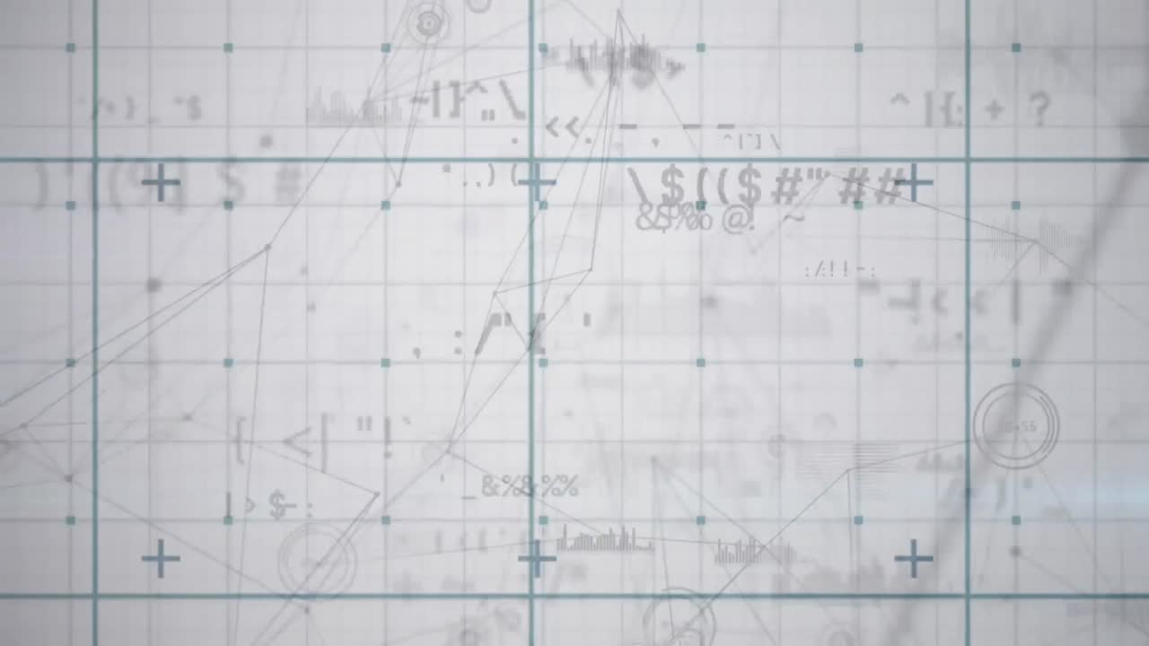 연결 네트워크의 애니메이션과 회색 배경에 대한 그리드 네트워크에서 변화하는 기호