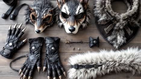 animal-themed costume accessories displayed on a wooden surface, featuring masks, gloves, and fur elements, ideal for creative projects, cosplay, or theatrical performances showcasing unique designs