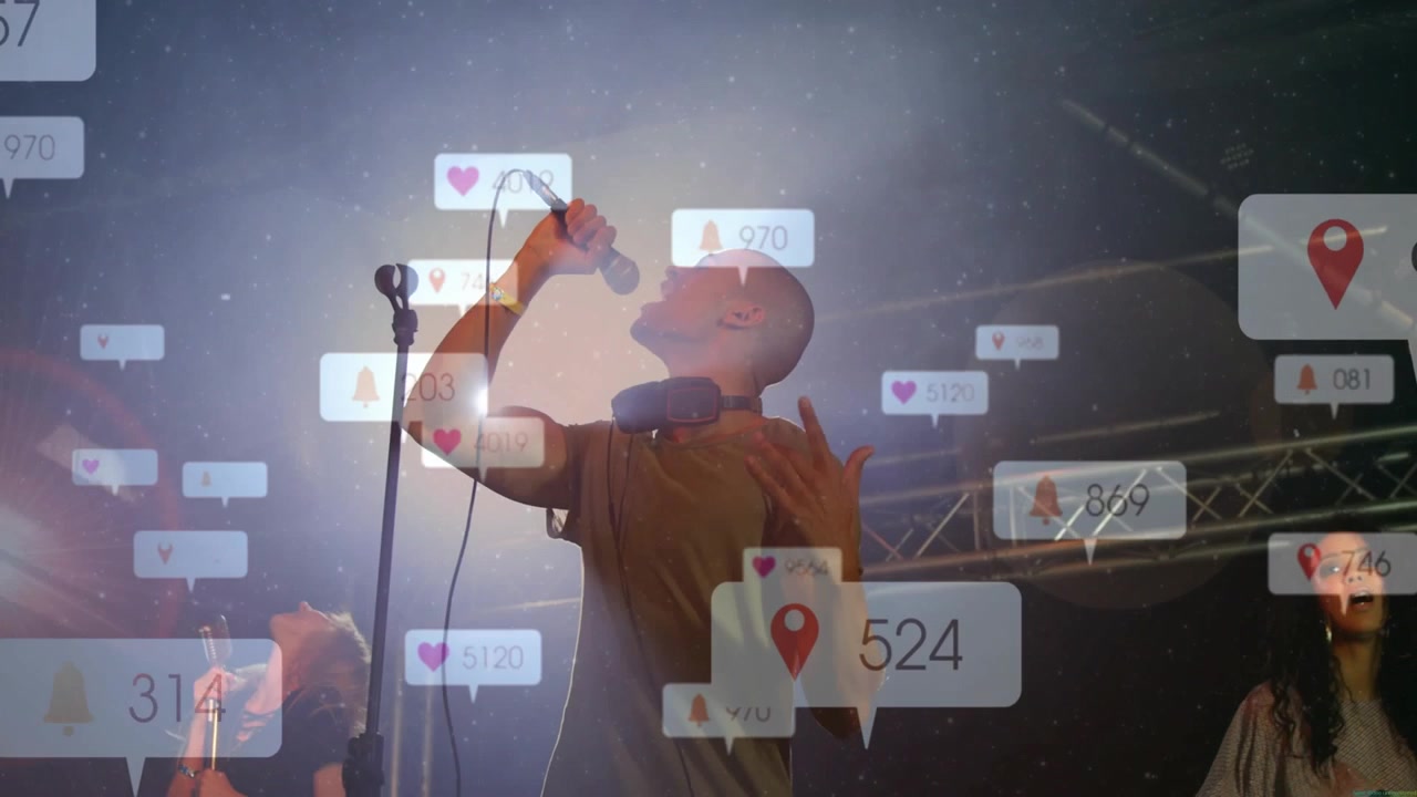Lead singer singing onstage, raising arm, changing mic grip, notifications multiplying across frame