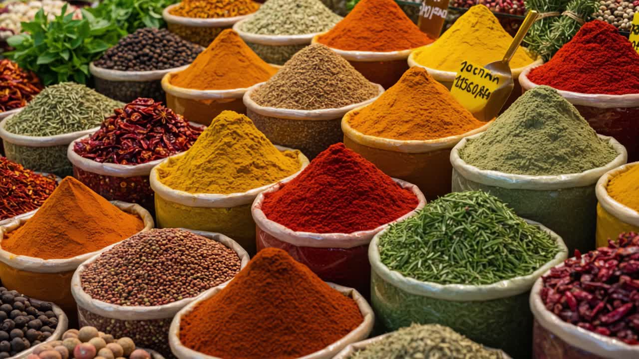 A Vibrant Market Display of Various Spices Showcasing Rich Colors and Textures, Creating an Inviting Atmosphere for Culinary Enthusiasts and Food Lovers