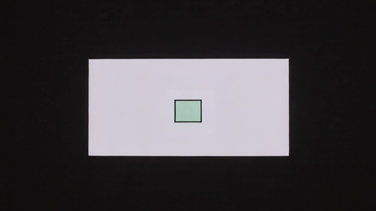 Showing pale panel appearing, thin dividers, strips sliding on black field, central square doubling