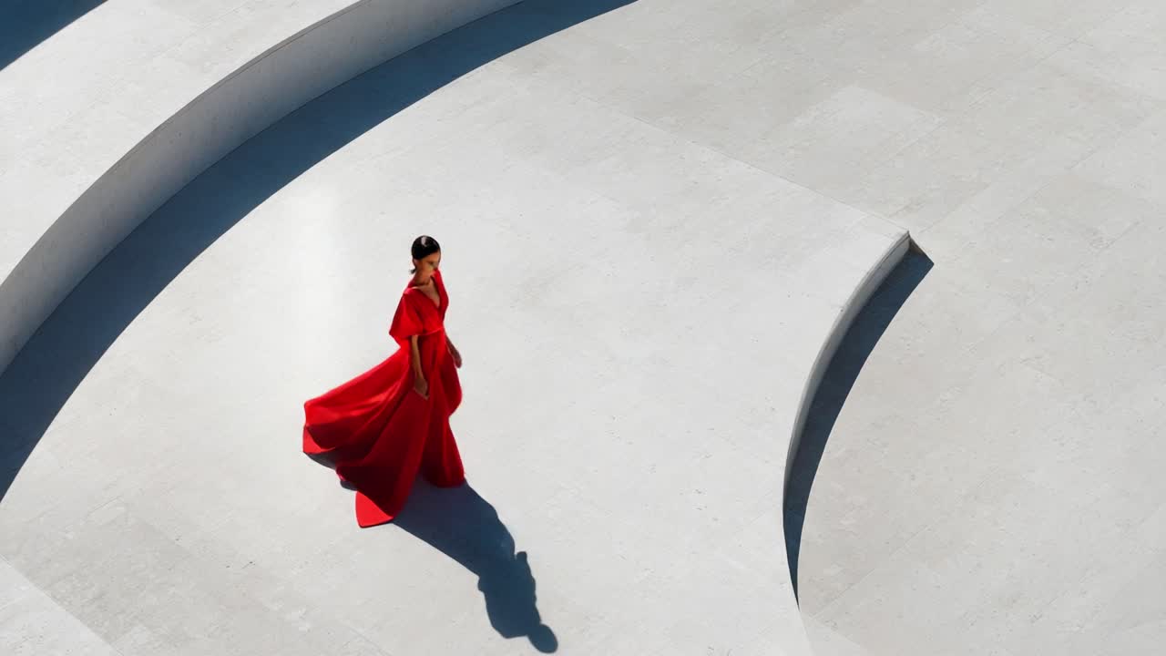 A stunning model in a flowing red dress gracefully walks across a minimalist outdoor landscape, surrounded by soft curves of light and shadow, showcasing elegance and artistic beauty