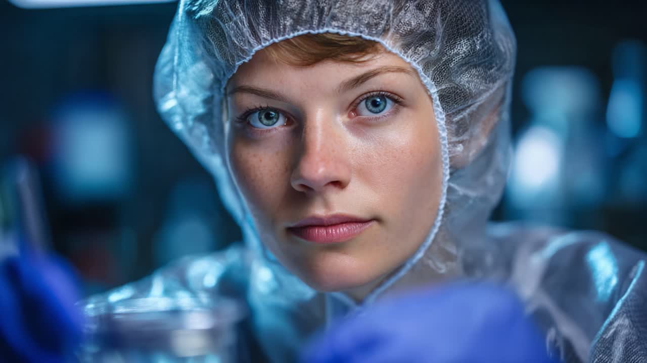 Fokuseret laborant i beskyttelsesudstyr, der analyserer prøver i et kontrolleret miljø med vægt på præcision og dedikation til videnskabelig forskning
