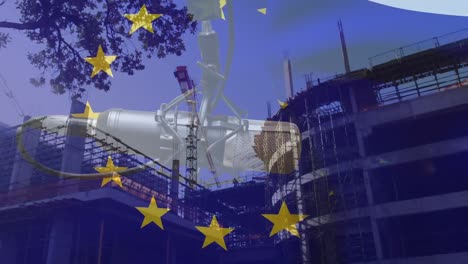 Animación-De-La-Bandera-De-La-Unión-Europea-Sobre-Micrófono-Y-Sitio-De-Construcción-De-Gran-Altura-En-Una-Ciudad-Moderna