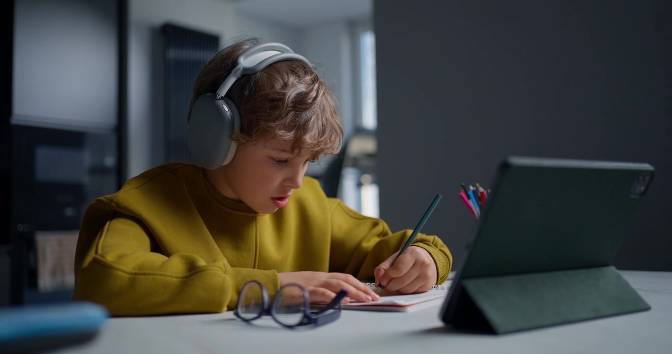 Focused Young Boy with Headphones Doing Homework Using Tablet
